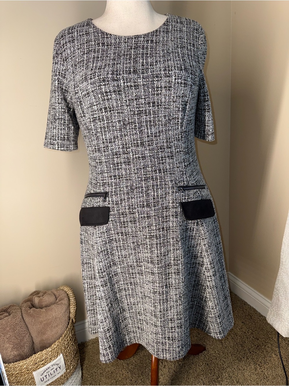 DKNY Black and White Tweed like Fit-and-Flare Midi Dress